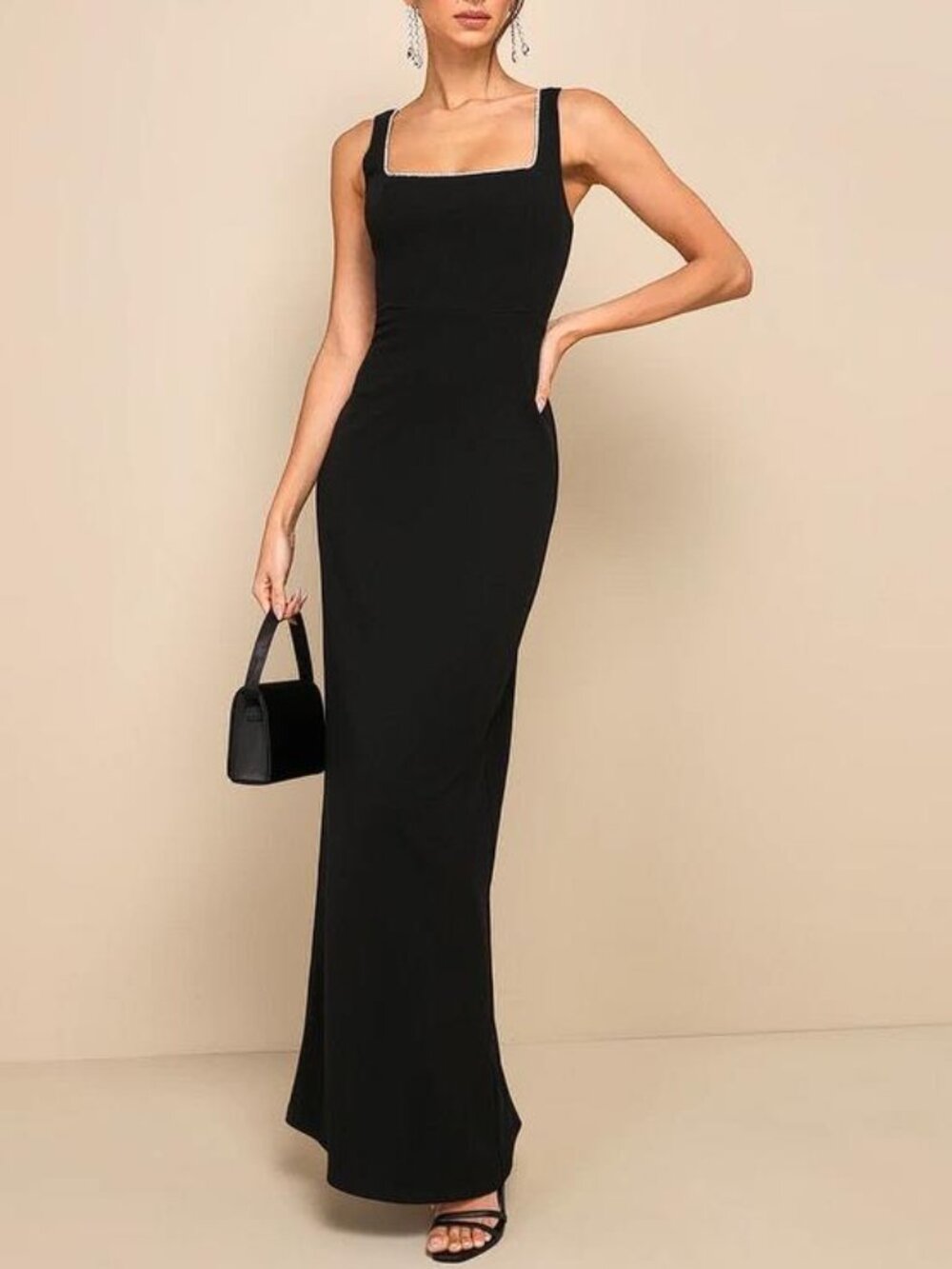 LULUS Wmn's Timeless Poise Black Rhinestone Square Neck Backless Maxi Dress Sz L